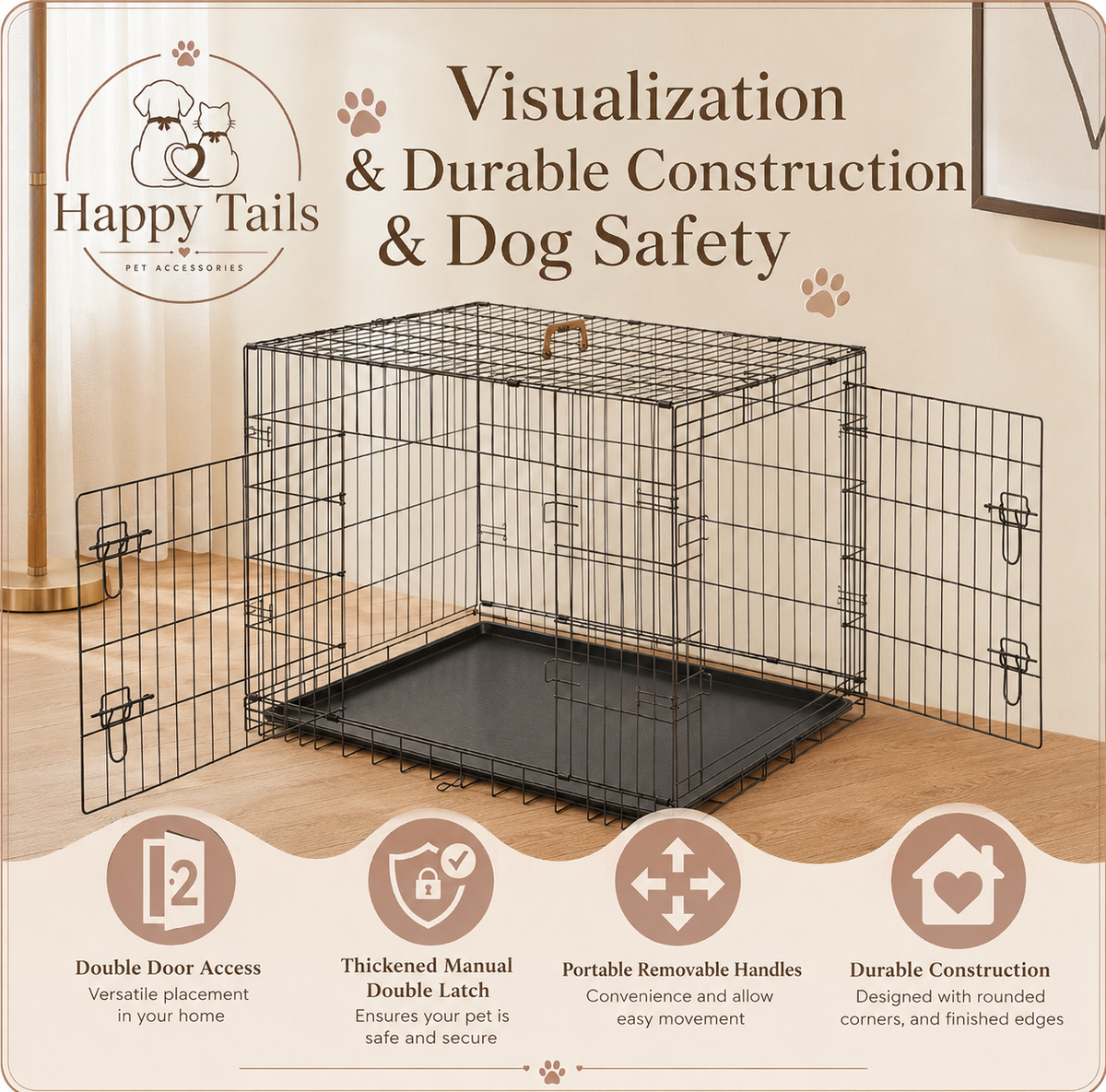 HappyTails™ 3-Size Foldable Metal Dog Crate with Leak-Proof Tray & Double Door⁠