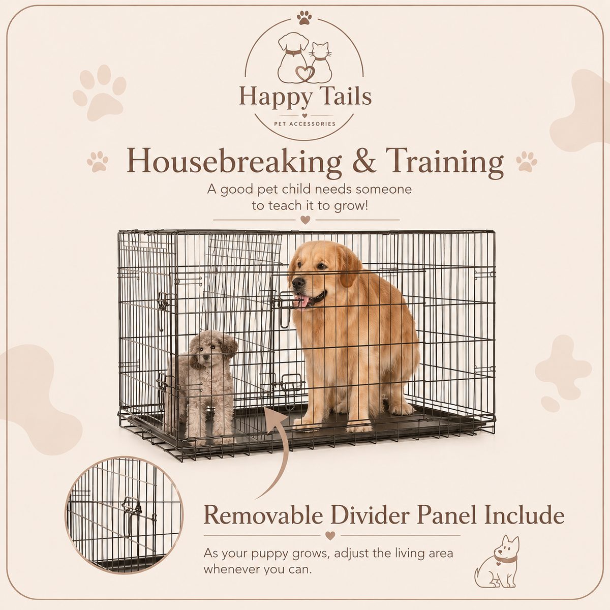 HappyTails™ 3-Size Foldable Metal Dog Crate with Leak-Proof Tray & Double Door⁠