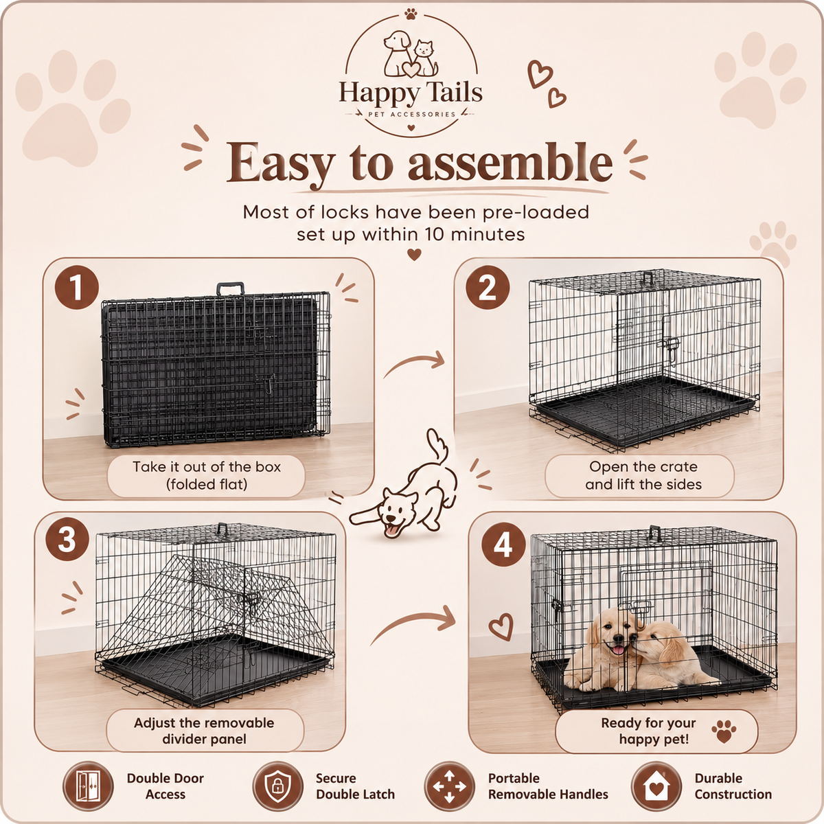 HappyTails™ 3-Size Foldable Metal Dog Crate with Leak-Proof Tray & Double Door⁠