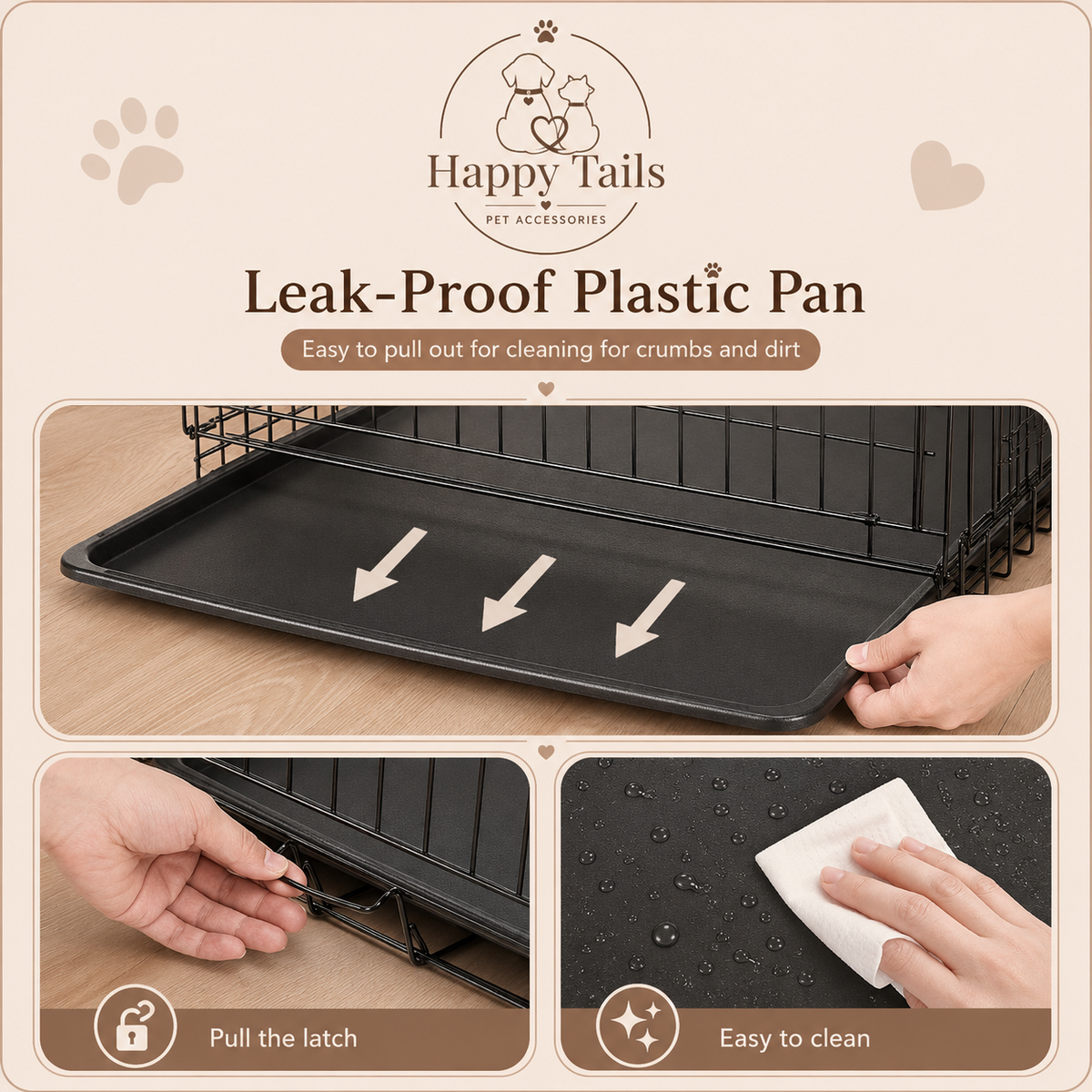 HappyTails™ 3-Size Foldable Metal Dog Crate with Leak-Proof Tray & Double Door⁠