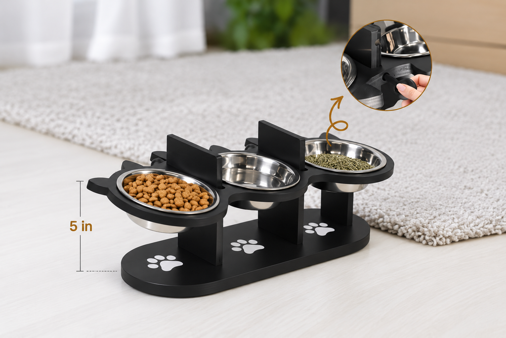 HappyTails™ - Adjustable Height Elevated 3-Bowl Pet Feeder