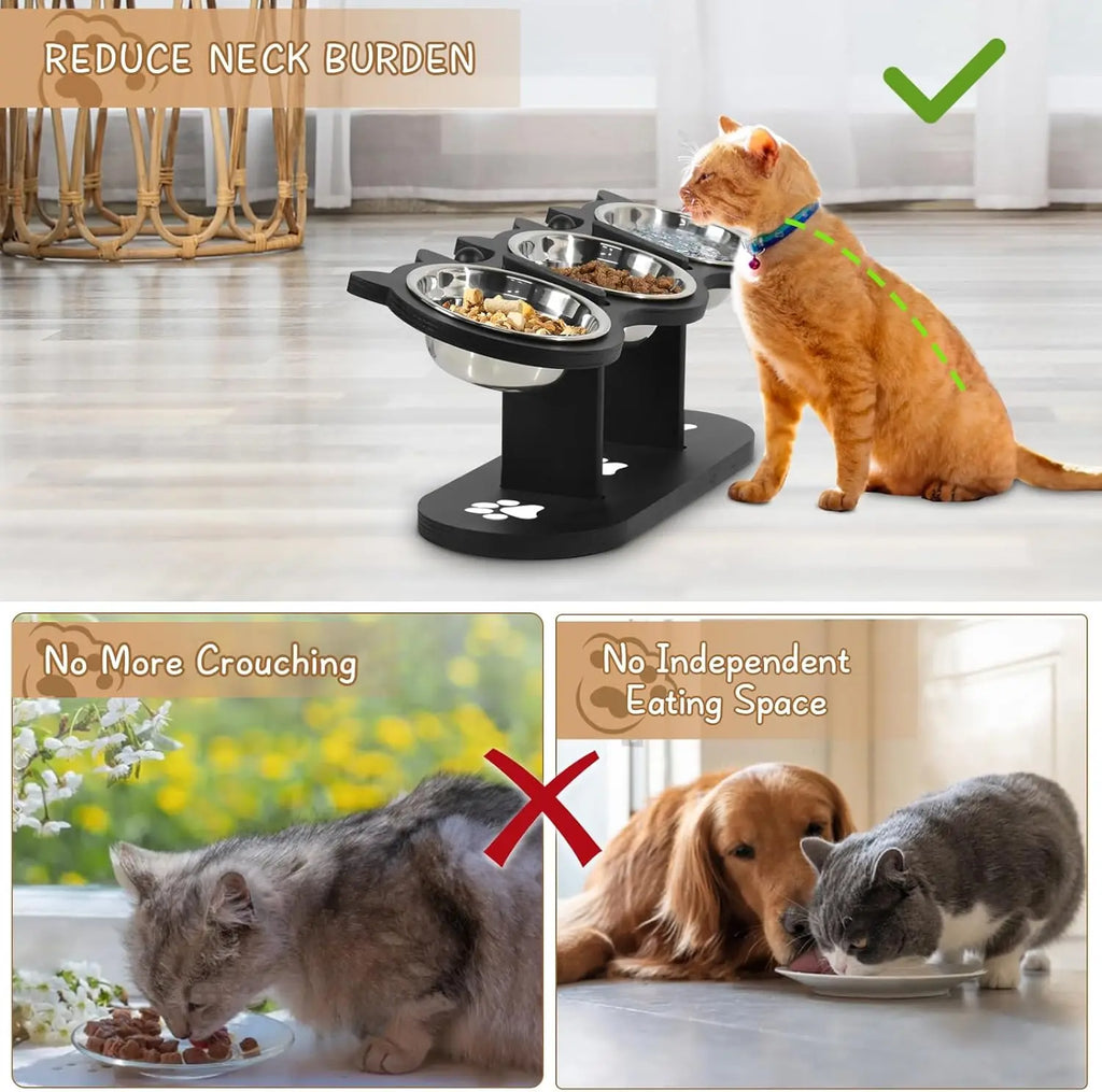 HappyTails™ - Adjustable Height Elevated 3-Bowl Pet Feeder