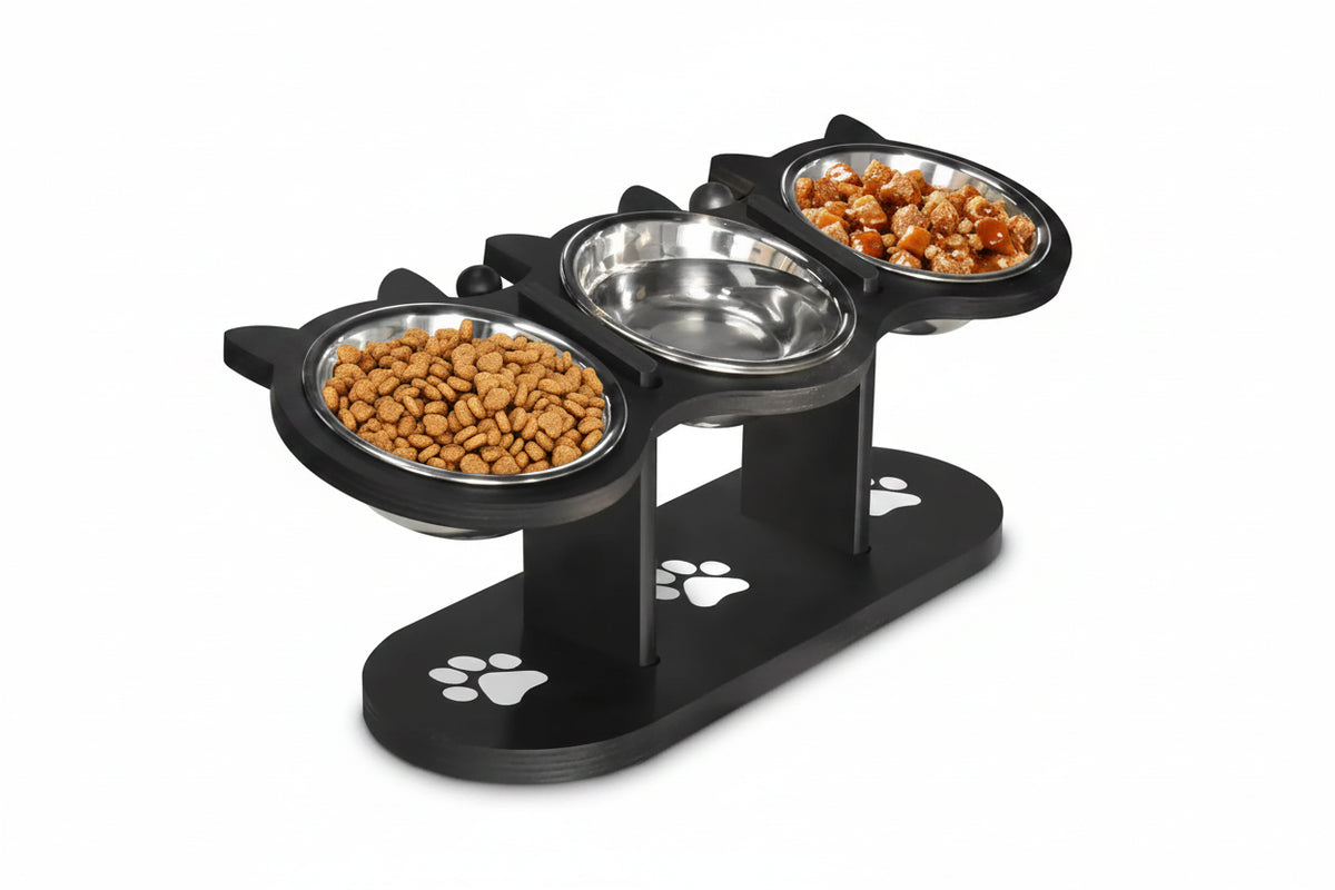 HappyTails™ - Adjustable Height Elevated 3-Bowl Pet Feeder