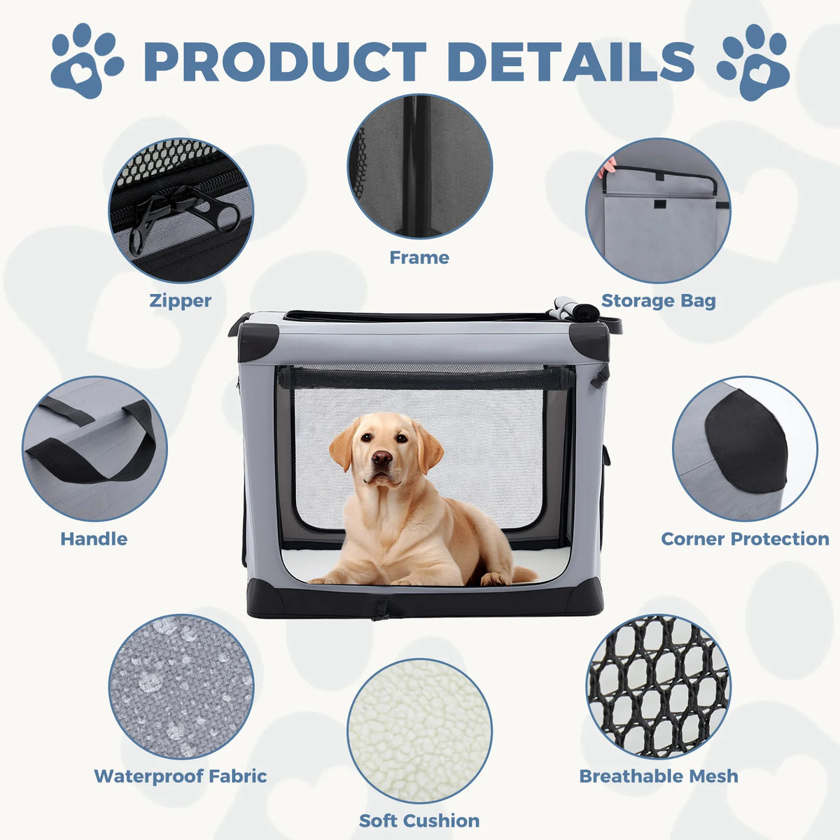 HappyTails™ - 600D Oxford Foldable Soft Dog Crate & Portable Pet Kennel with 3 Doors