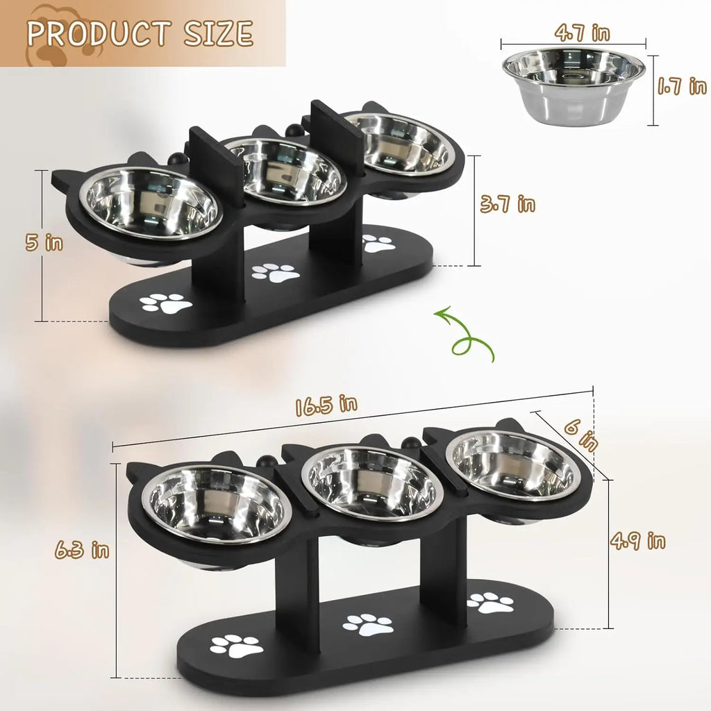 HappyTails™ - Adjustable Height Elevated 3-Bowl Pet Feeder