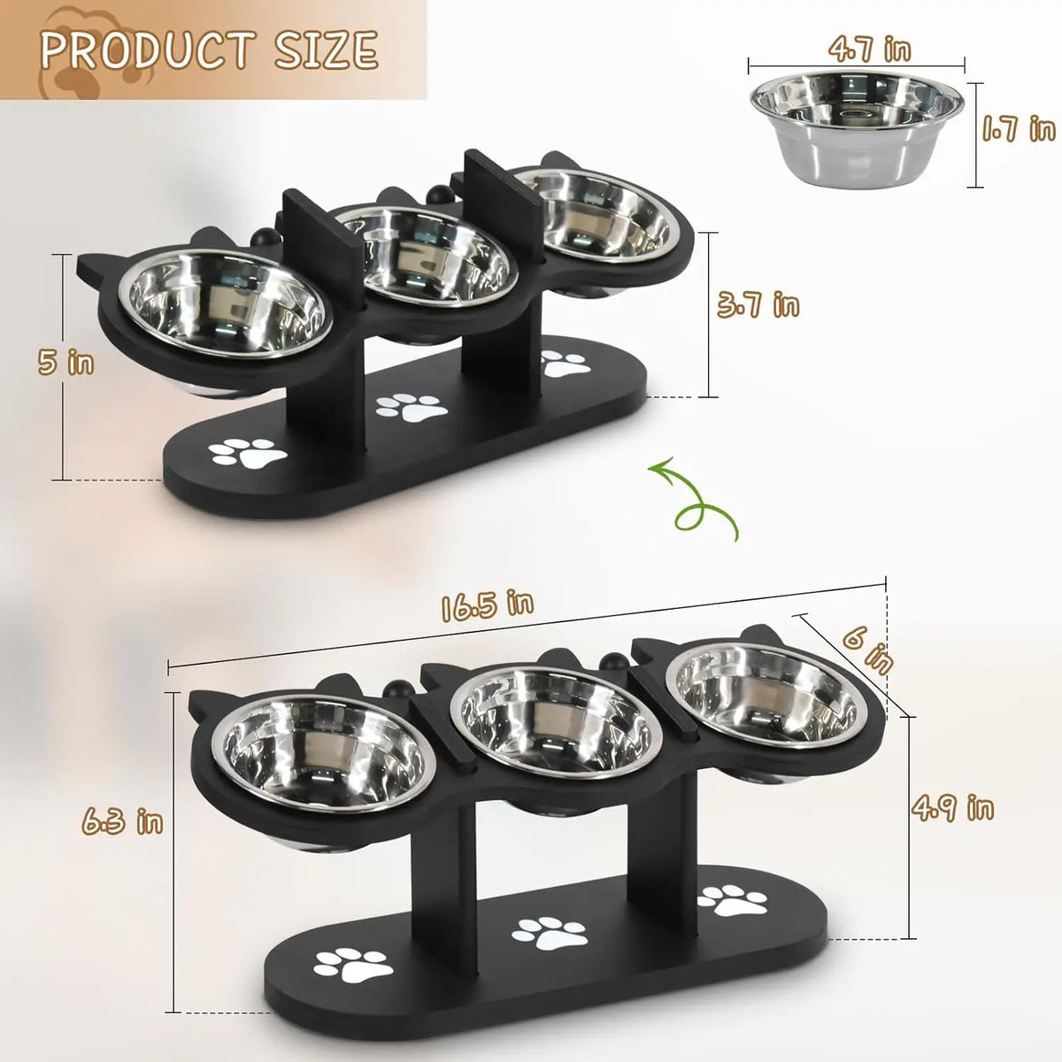 HappyTails™ - Adjustable Height Elevated 3-Bowl Pet Feeder