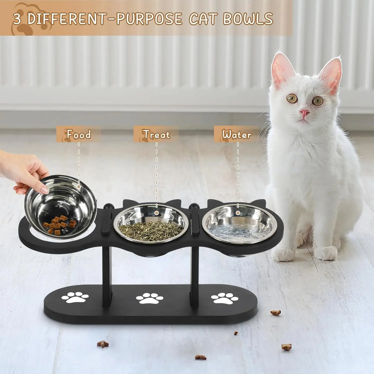 HappyTails™ - Adjustable Height Elevated 3-Bowl Pet Feeder