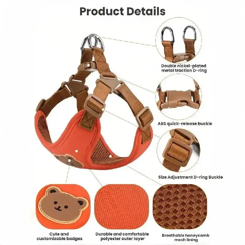 HappyTails™ - Adorable Bear Patch Breathable Vest Harness & Leash Set